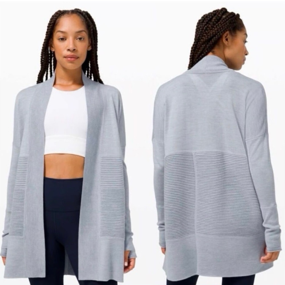 Lululemon Sit In Lotus Wrap Light Gray Heathered  Merino Wool Open Cardigan